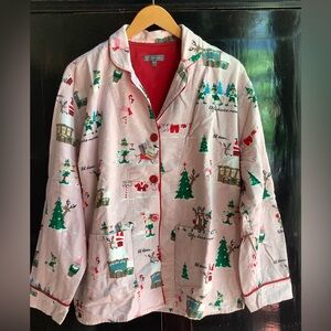 PJ Salvage Elves Christmas Holiday Pink Flannel Pajama Top SM